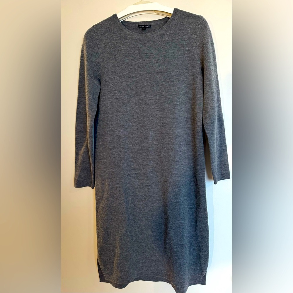 Eileen Fisher gray merino wool crewneck sweater dress, knee length, size M